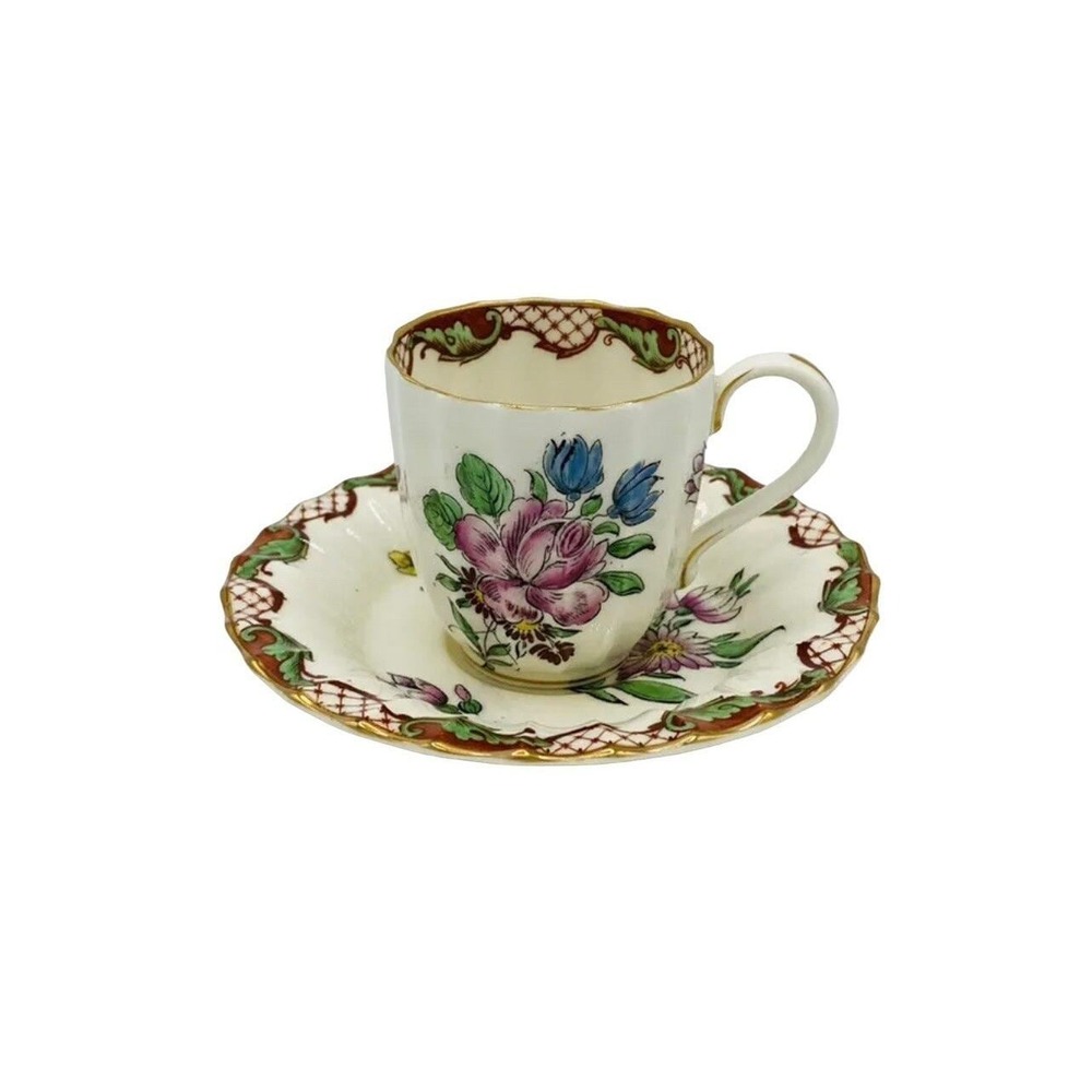 Royal Worcester demitasse cup ca. 1929 "Caroline" Flowers Red Gold Ivory England